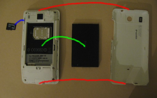 After removing the back cover the memory card can be seen sticking out the top left of the phone and is a small plastic rectangle. The battery which is located in the middle of the phone is a large black plastic rectangle.