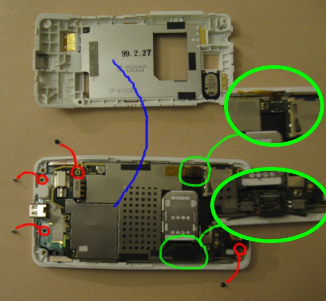 Two screws are located on the bottom end of the angled circuit board at bottom of the phone. The other two screws are located in opposite corners of the main motherboard, one in the top right and the other in the bottom left. There are two ribbon cables on either side of the motherboard towards the top of the phone. One ribbon cable being stuck on with translucent orange plastic, the other with a patterned black plastic.