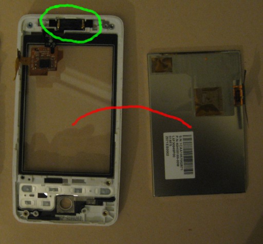 The screen is the large silver rectangle in the middle of the phone and the speaker assembly is the small black assembly at the top of the phone.